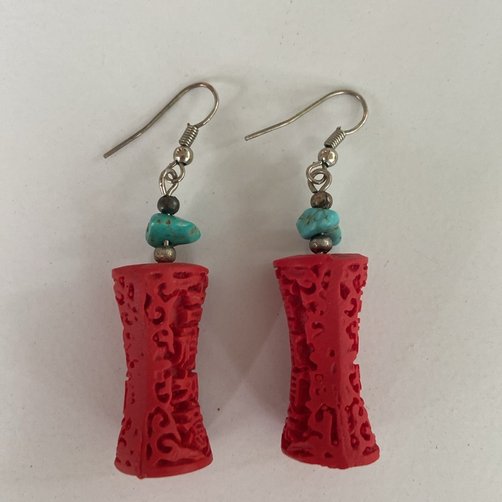 Cinnabar Vintage Red and Turquoise Earrings - Picture 7 of 9